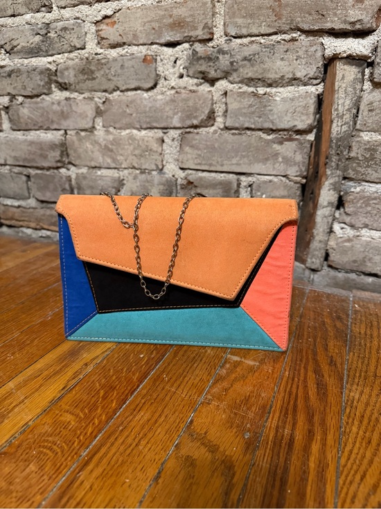 Handbags - Colorblock Suede Envelope Crossbody Bag - Orange & Teal Vintage